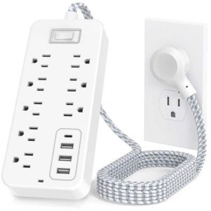 Surge Protector Power Bar - 8 Widely Outlets With 4 USB Ports, Power Strip With 4Ft Braided Extension Cord, Flat Plug