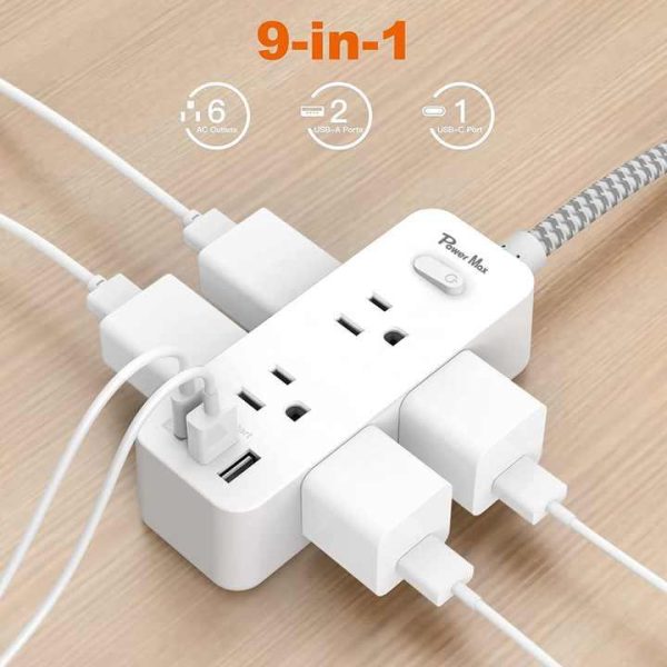 US Canada 6 Outlets and 3 USB Ports(3.1A) Travel Power Strip, Desktop Charging Station With 5 ft Braided Extension Cord